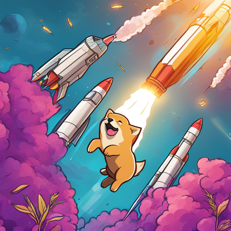 digital illustration of Dogecoin rocket launch, vibrant, detailed, illustrative, hand-drawn digital illustration, Artstation HQ, dynamic, trendy, magazine style