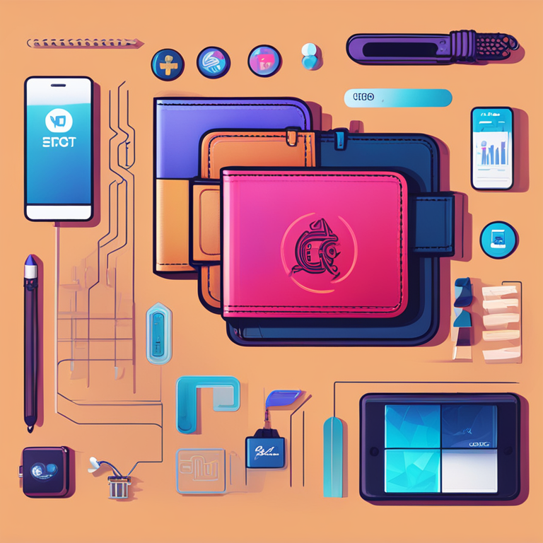 Interactive digital illustration of wallet integration, featuring various digital assets and interfaces, Artstation HQ, high-tech and vibrant style