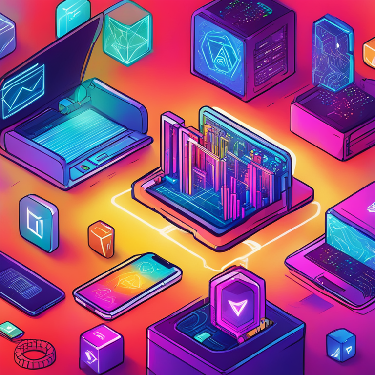 Hand-drawn digital illustration of blockchain technology and decentralized apps, vibrant colors, digital art, Artstation HQ