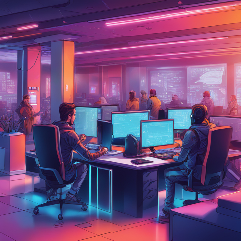 hand-drawn digital illustration of a futuristic tech company using Go programming language, Artstation HQ, digital art, high-tech office with people coding, modern design, vibrant colors, tech-forward environment, trending on Artstation