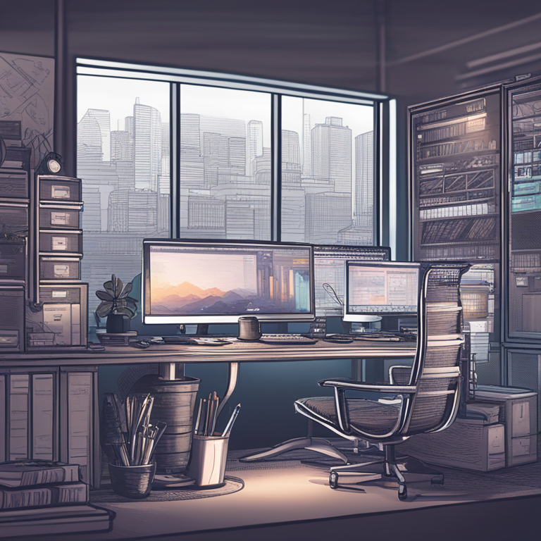 Intricate digital illustration of a web developer's workspace, including several monitors with code, modern office ambiance, and a sense of organized productivity, hand-drawn digital illustration, Artstation HQ, digital art