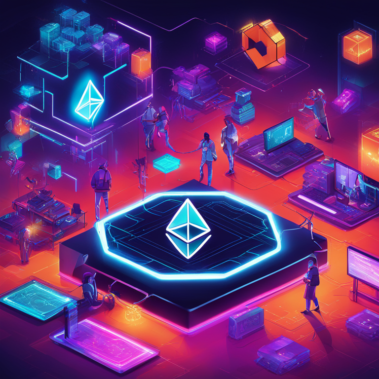 A captivating hand-drawn digital illustration of blockchain technology platforms, Artstation HQ, digital art, vibrant and dynamic colors representing Ethereum, Solana, and Polkadot platforms, modern and futuristic elements, detailed, trending on Artstation